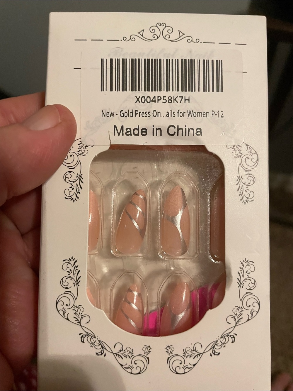 Peach Nude Press-On False Nails with Silver Accents
